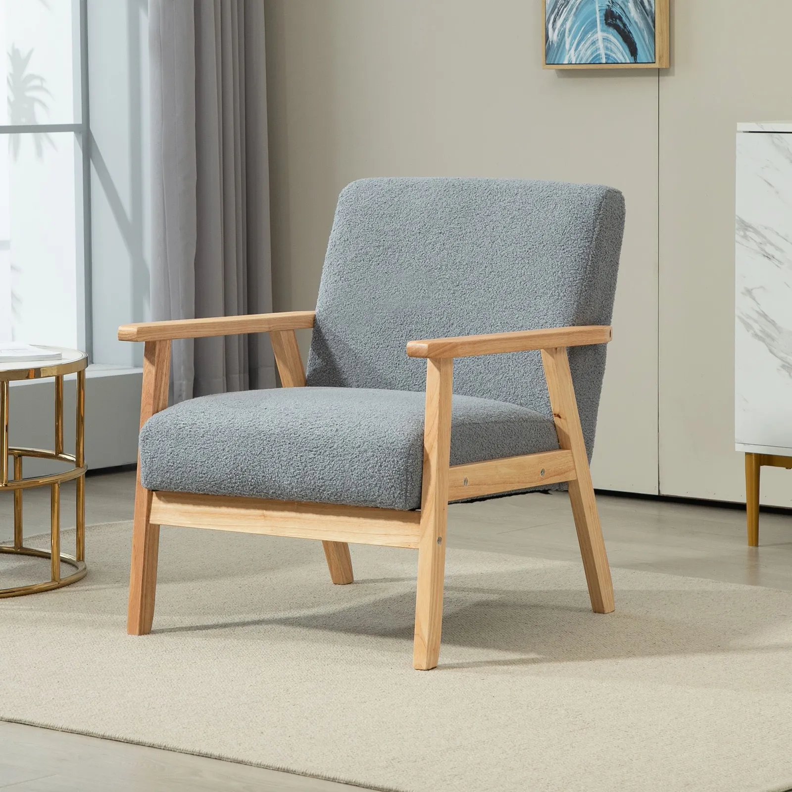 HOMCOM Accent Chair with Wood Frame Wide Seat Sherpa Fleece Armchair Grey