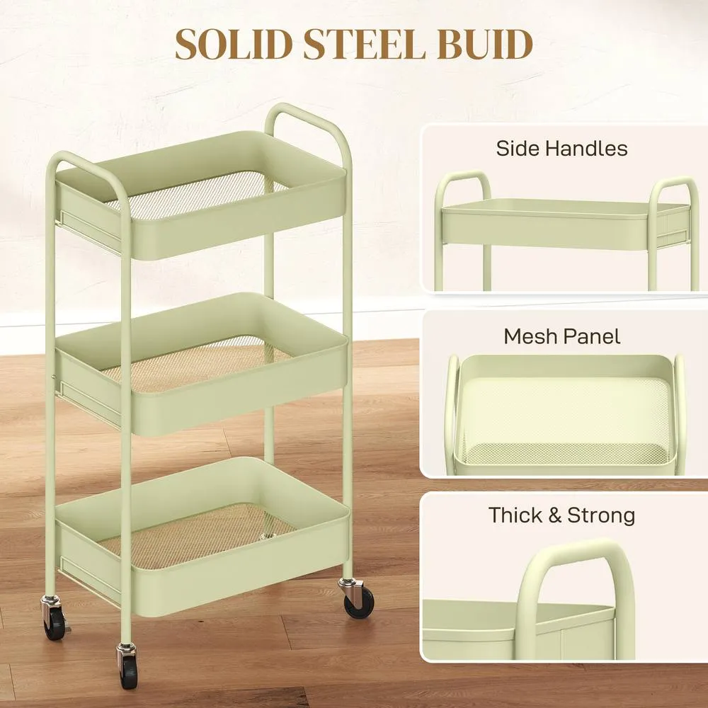 HOMCOM 3 Tier Rolling Utility Cart with 3 Mesh Basket, Green 6