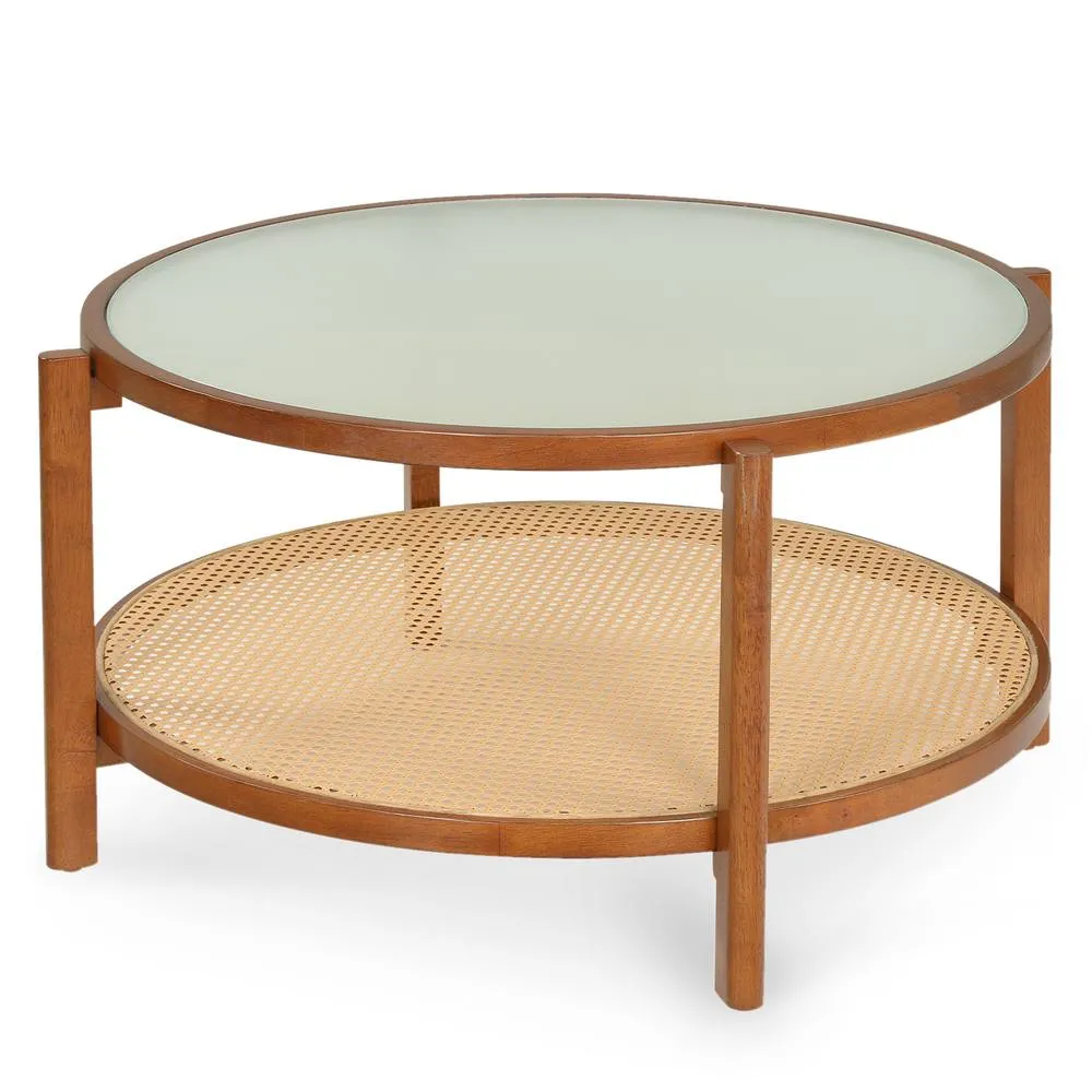 Costway Rattan Round Coffee Table 2-Tier Table w/ Frosted Glass Top in Brown