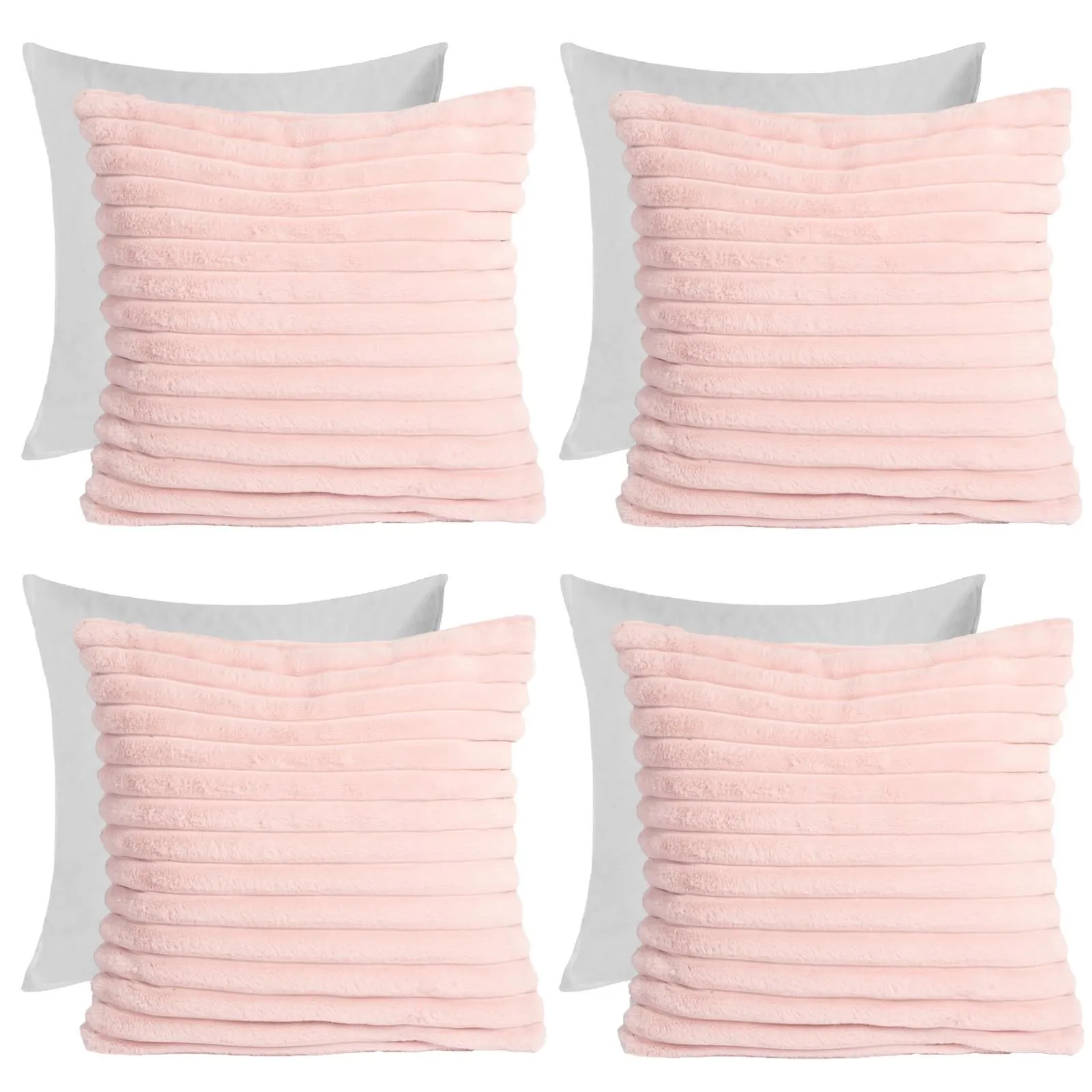 OHS 4 x Faux Fur Thick Rib Filled Cushion Covers in Pink