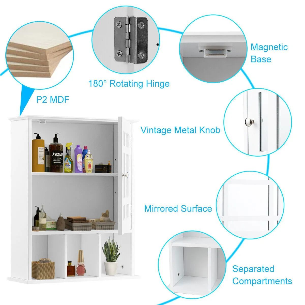 Costway Bathroom Wall Storage Cabinet Wooden Hanging Medicine Organizer with Mirror White 6