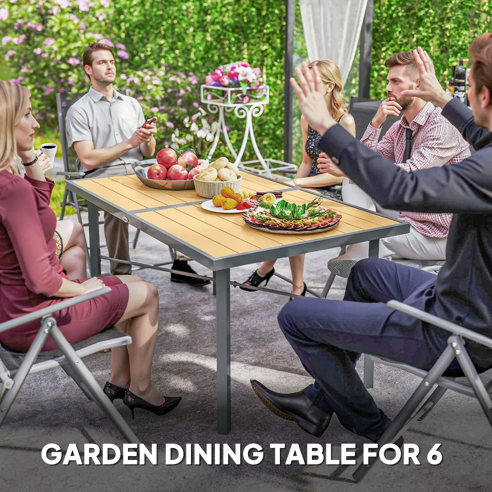 OUTSUNNY Garden Table for 6, Outdoor Dining Table with 5cm Umbrella Hole in Natural 6