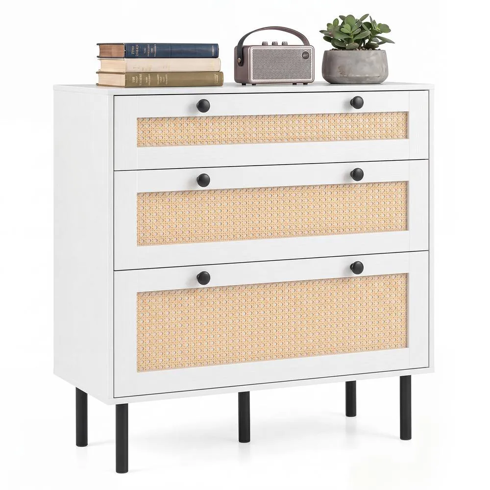 Costway Dresser with 3 Drawers & Rattan Design & 5 Metal Legs in White