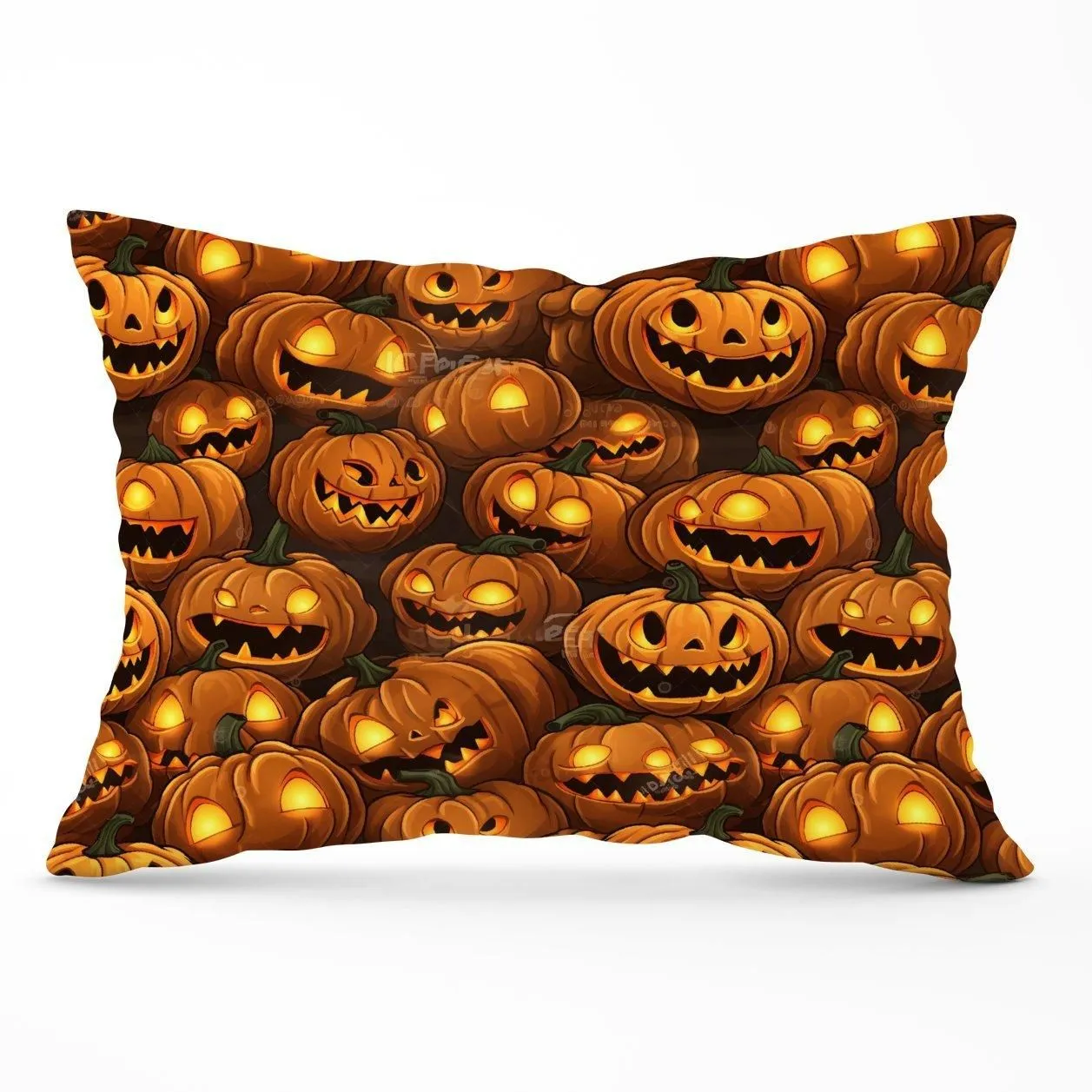 Warren Reed - Designer Grinning Lanterns Pumpkins With Glowing Eyes Cushions in Orange