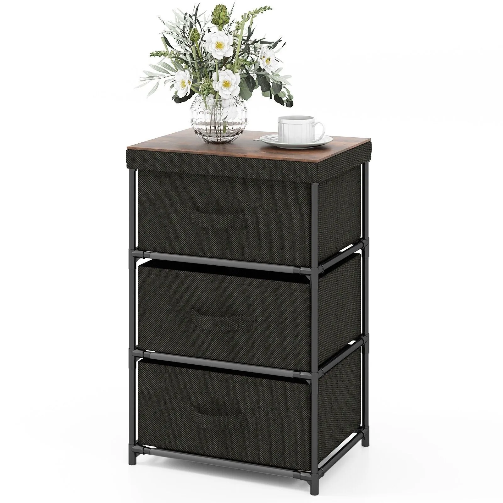 Costway 3-Tier Fabric Dresser Chests of Drawers Bedroom Nightstand w/ 3 Drawers in Black