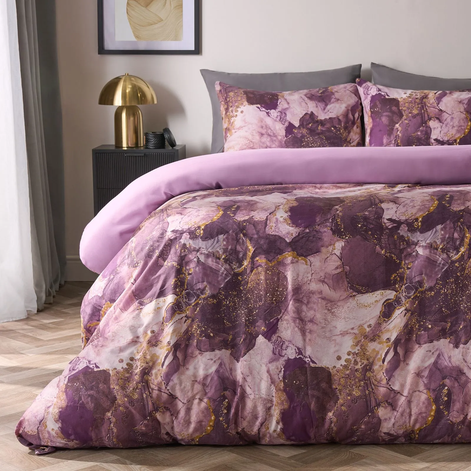 OHS Marble Duvet Cover Set Quilt Bedding Reversible in Purple