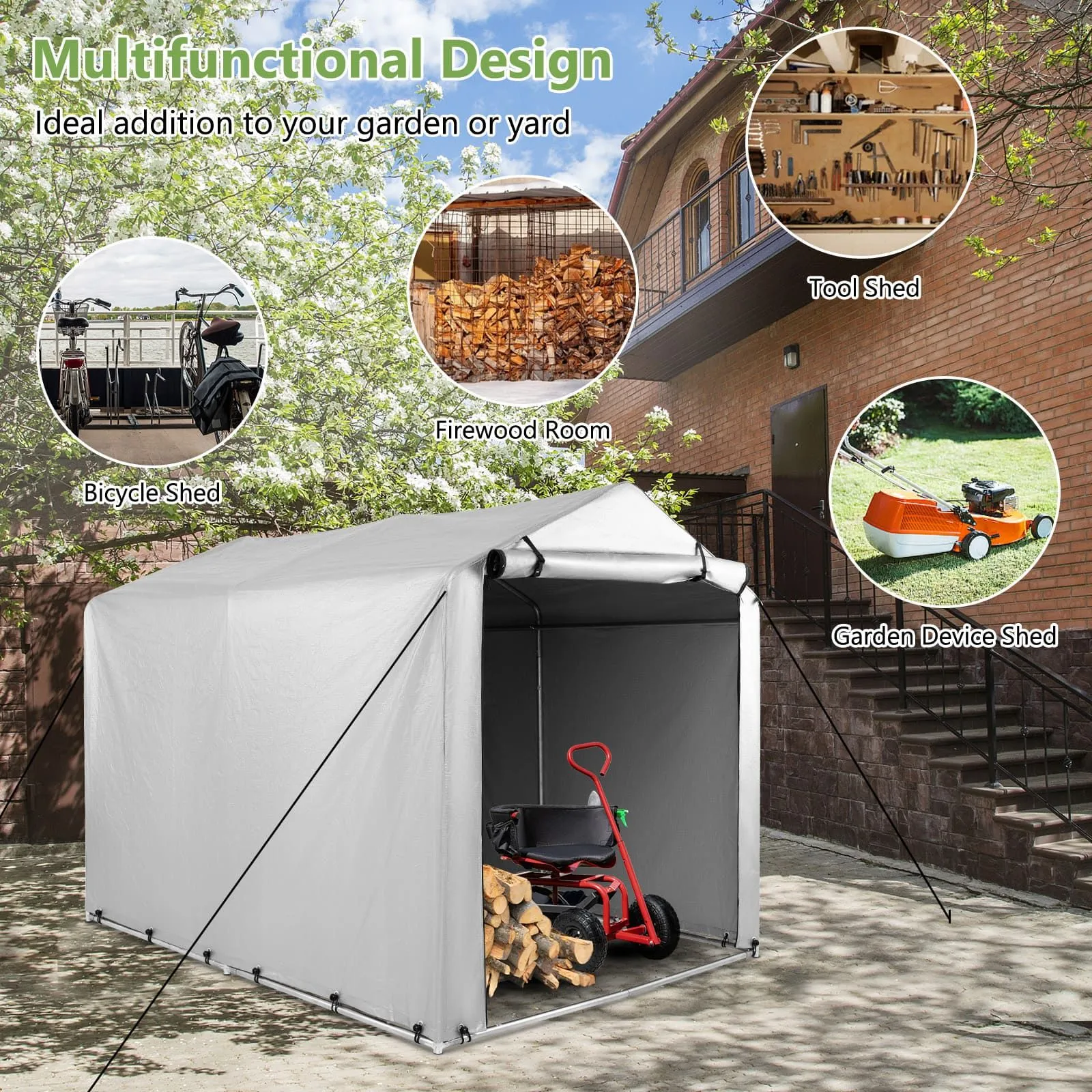 Costway Outdoor Storage Shed 160 x 218 x 164 cm Portable Garage Shelter Bikes in Grey 3