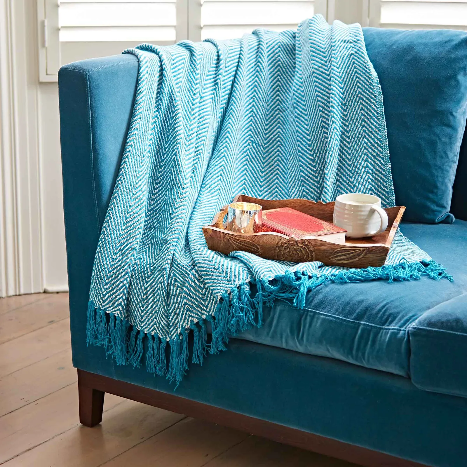Paper High Chevron Repurposed Cotton Throw in Turquoise