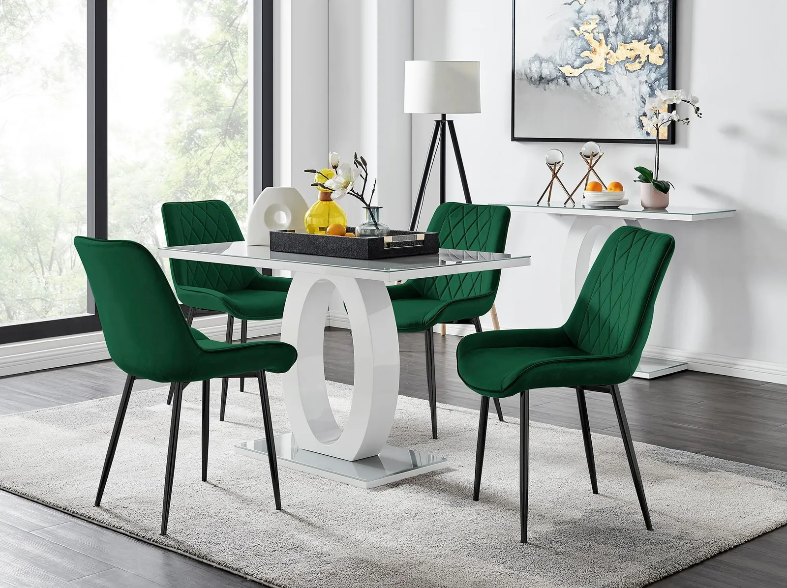 FurnitureboxUK Giovani 4 Grey Dining Table & 4 Pesaro Black Leg Chairs in Green 1