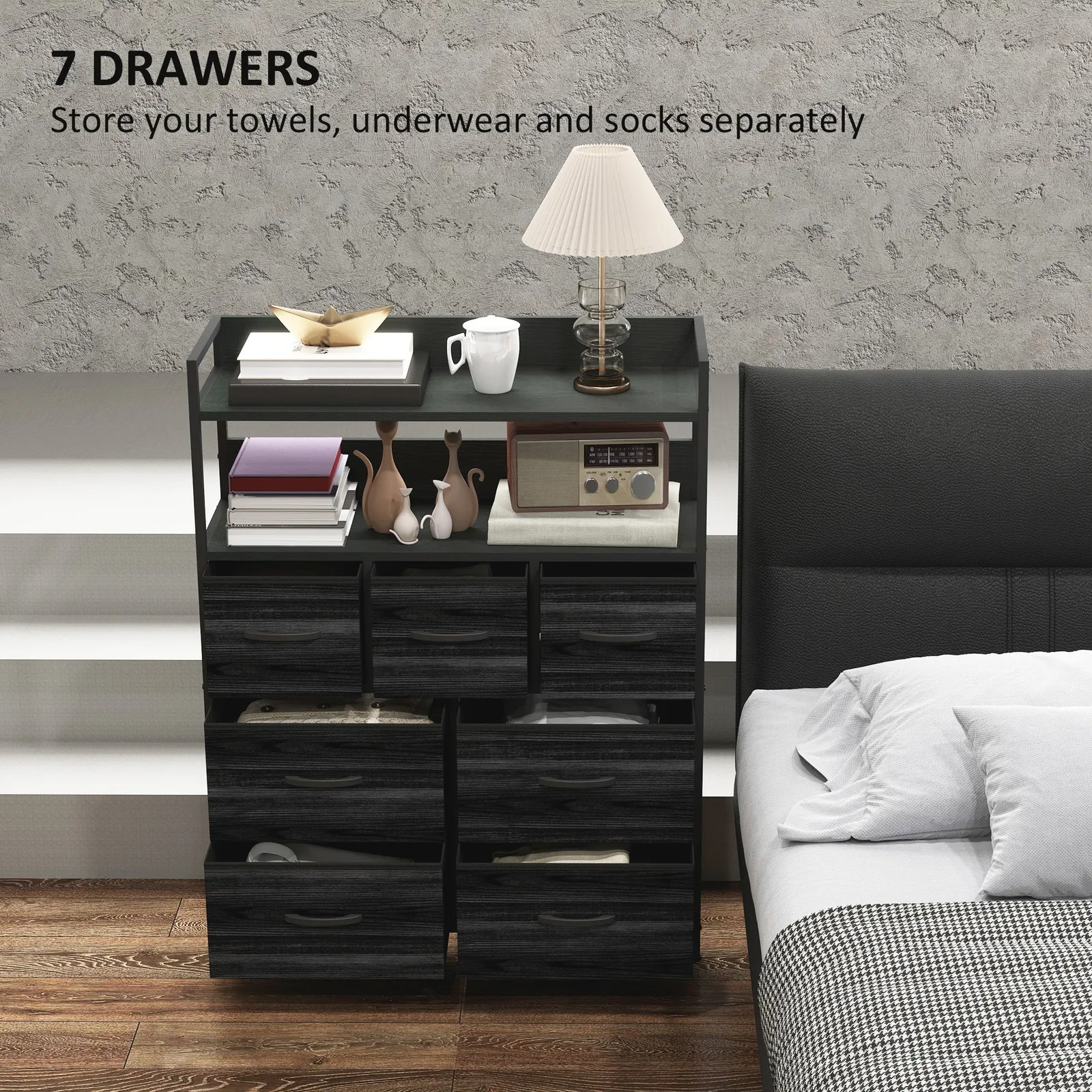 HOMCOM Bedroom Chest of Drawers 7 Drawer Dresser w/ Shelves in Black 4