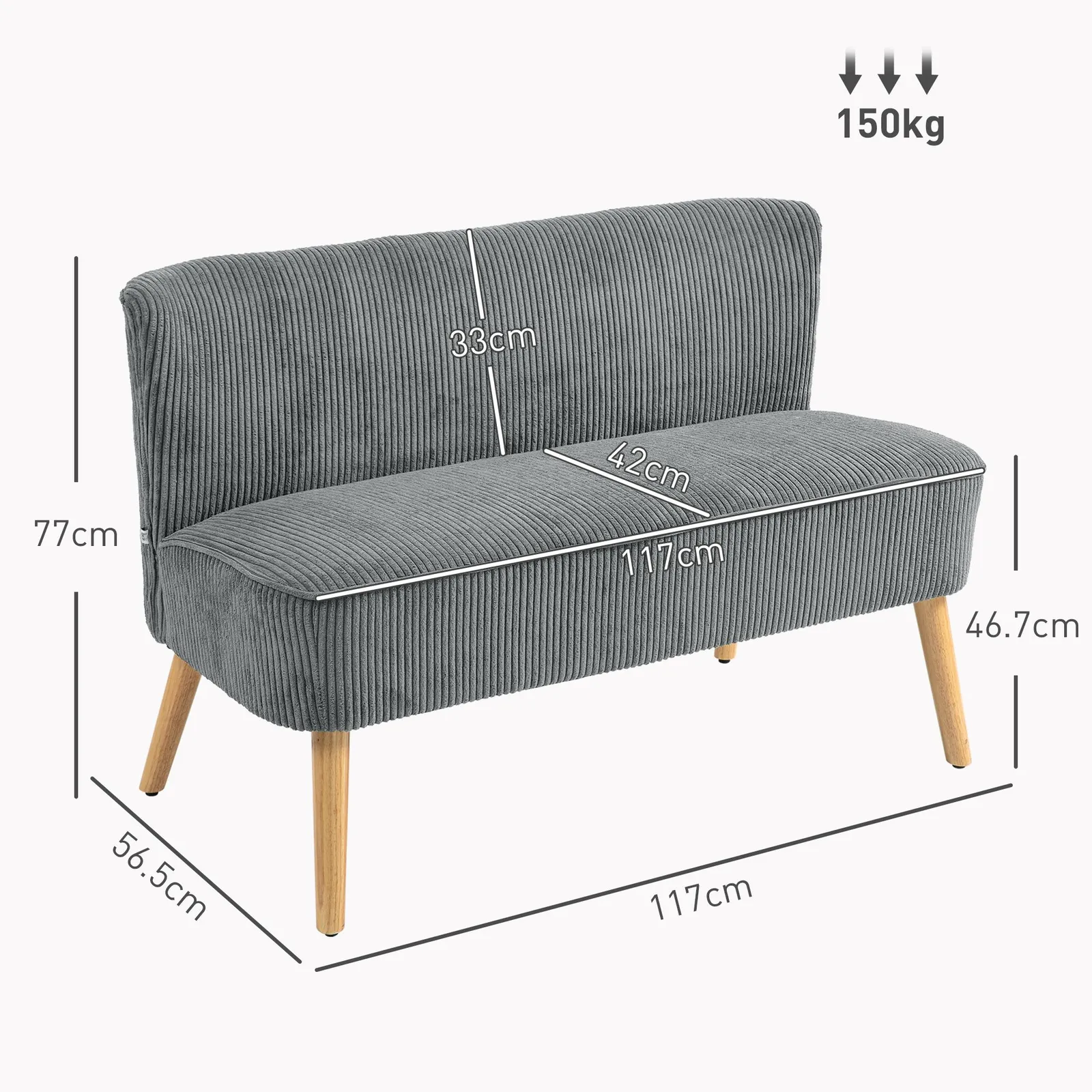 HOMCOM Corduroy Double Sofa w/ Wood Frame Foam Padding, Grey 3