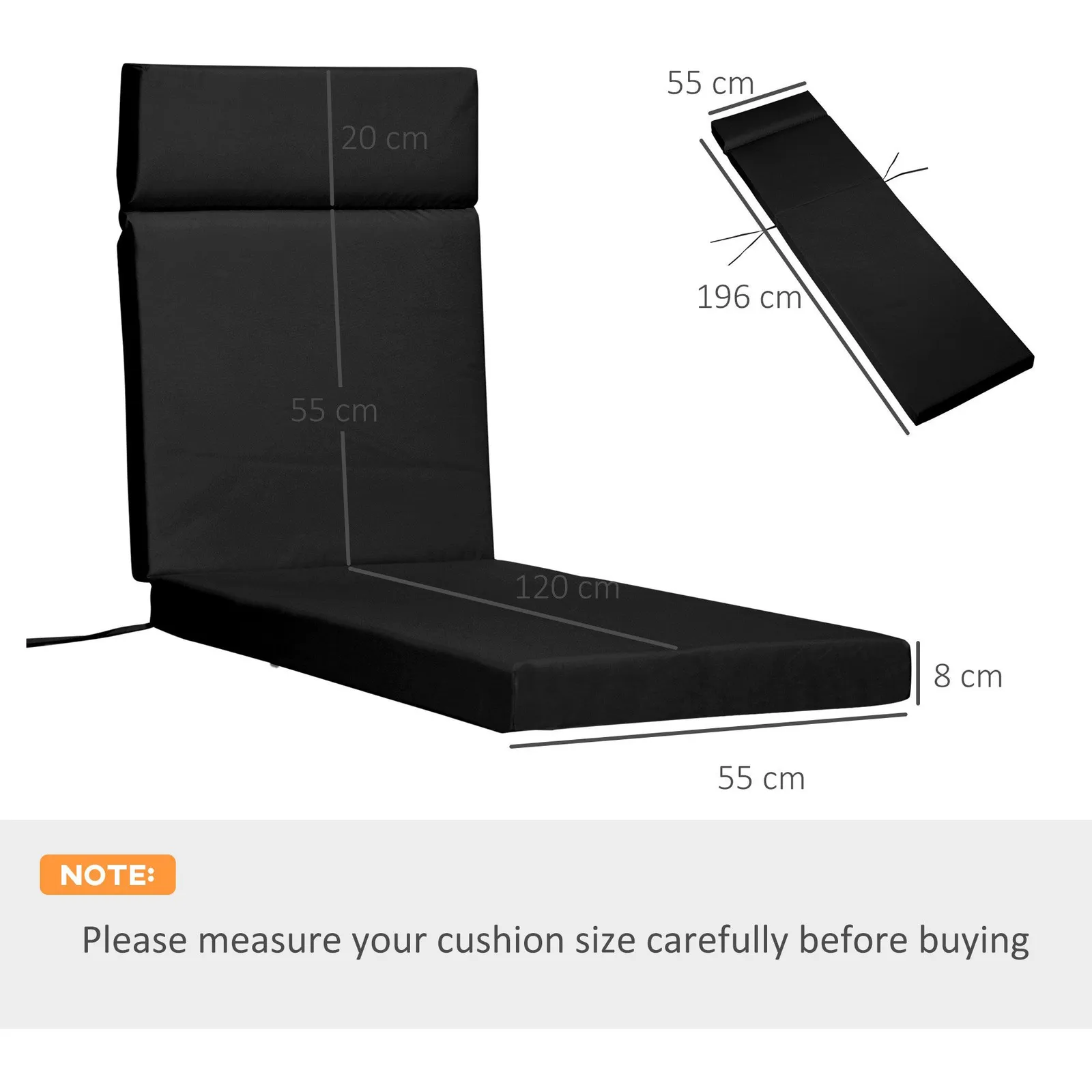 OUTSUNNY Set of 2 Sun Lounger Cushions ONLY, Replacement Cushions in Black 2