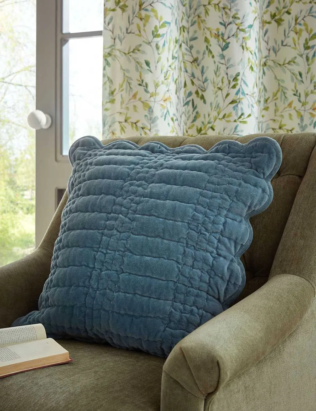 Laura Ashley Velvet Scalloped Cushion Light Blue