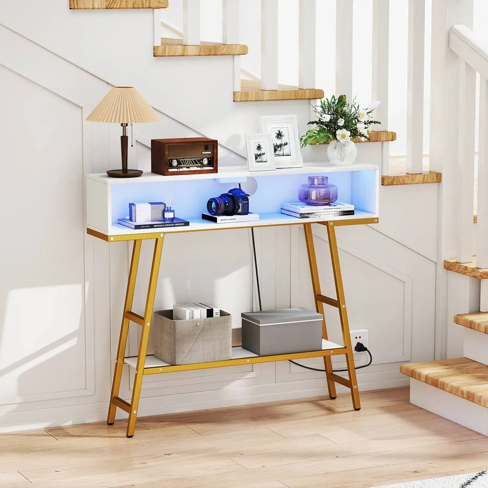 Costway Console Table w/ LED Light & Charging Station 3-Tier Entryway Table in White