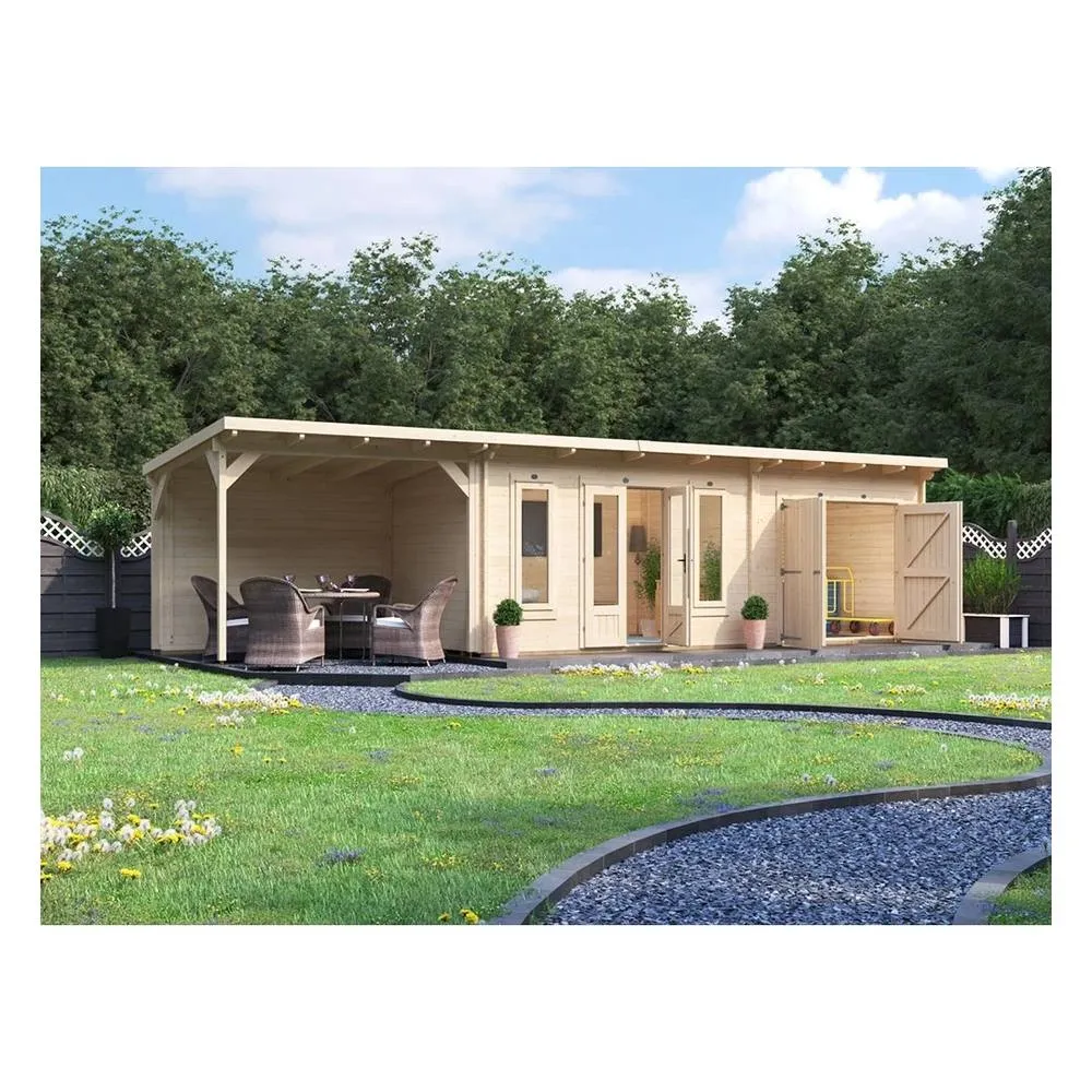 Dunster House Wooden Log Cabin With Gazebo 10m x 2.5m, EvilGenius in Beige 2