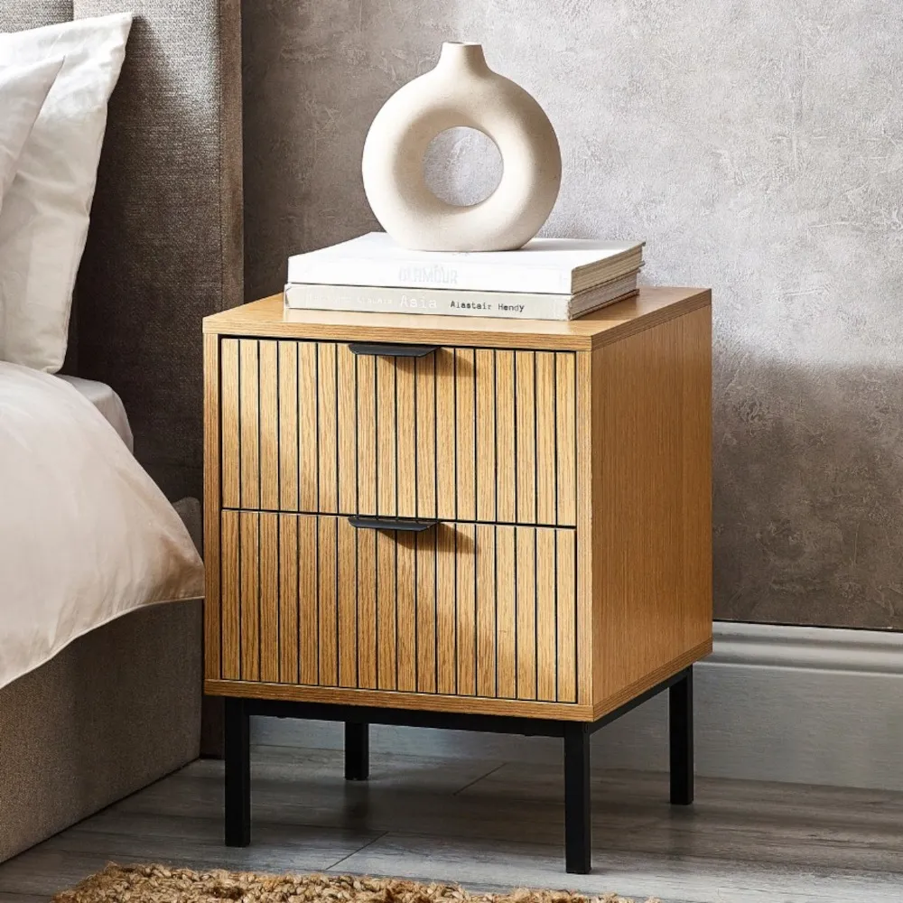 Sia – 2-Drawer Bedside Table – Oak/Black – Wood/Metal - Happy Beds
