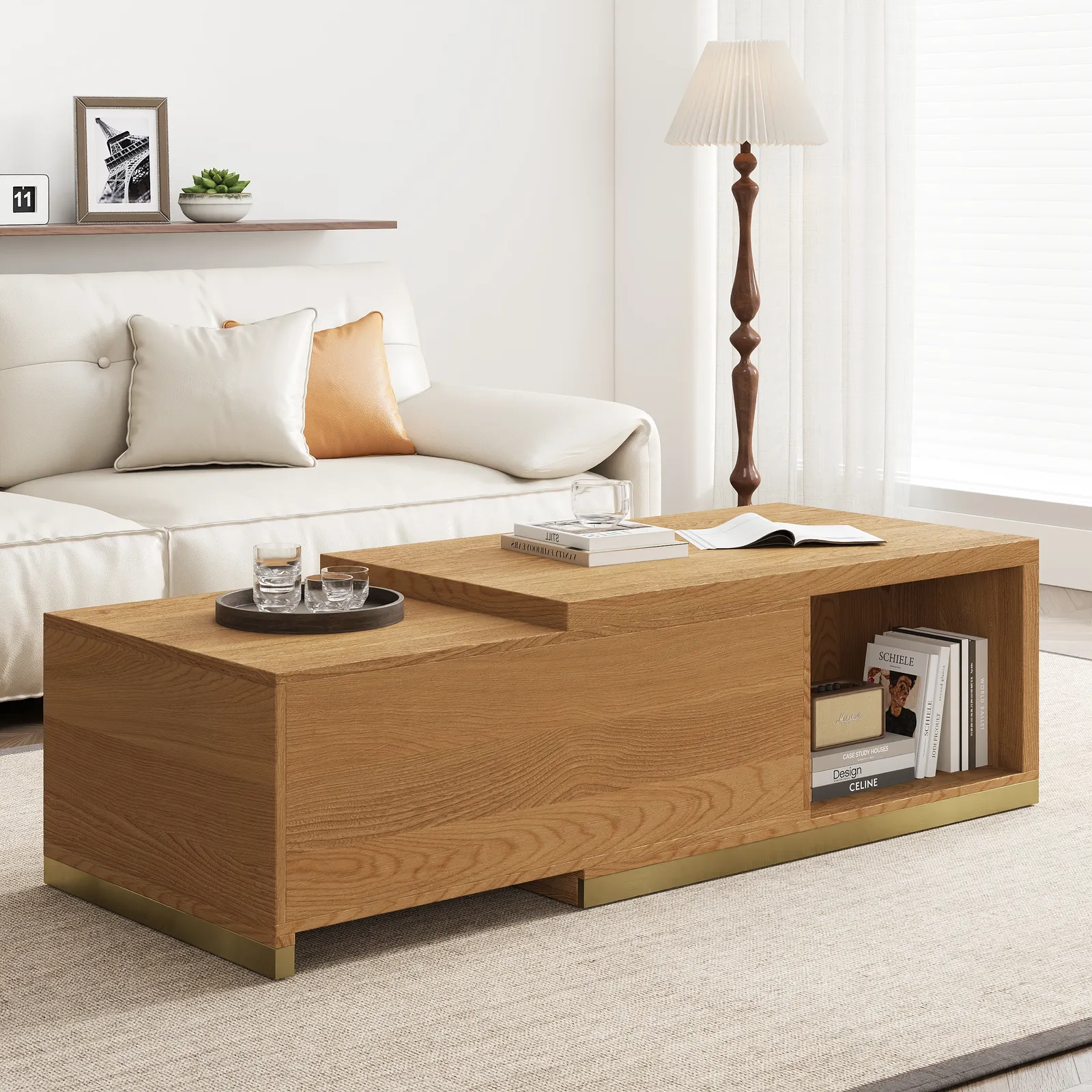 Mordel Extendable Up to 180 cm Rectangle Natural Coffee Table with 2 Drawers