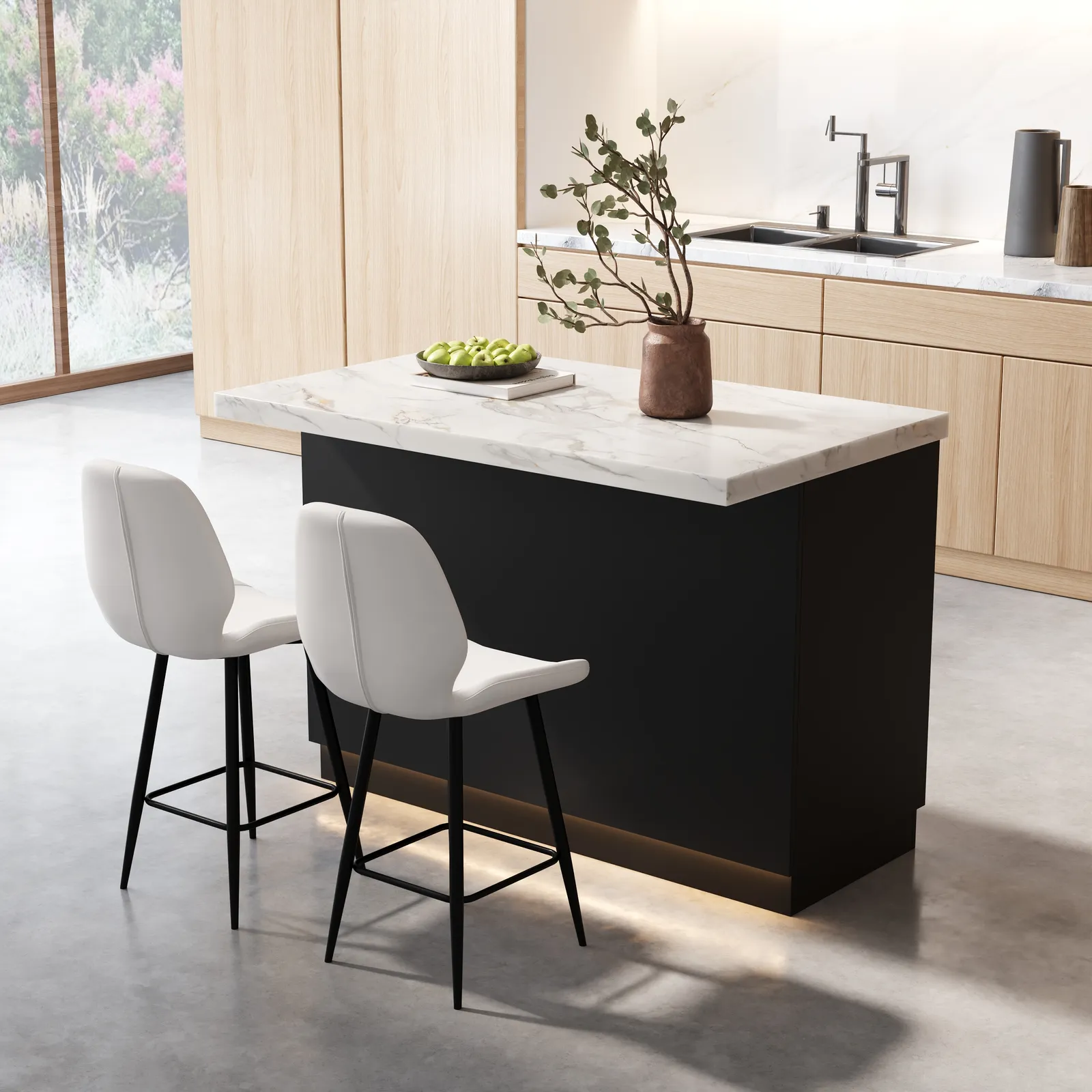 130 cm Japandi Kitchen lsland  Black & White Wooden Storage Kitchen Cabinet with Light
