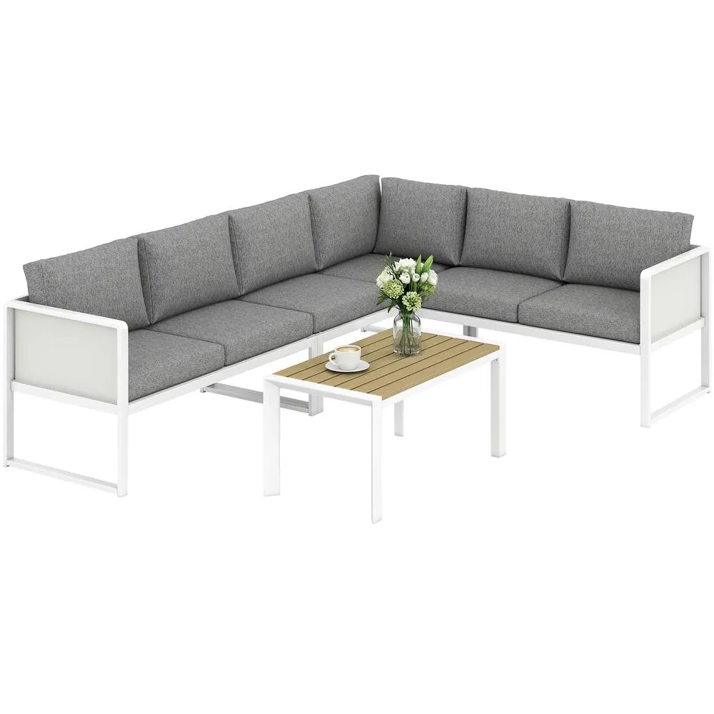 OUTSUNNY 6 Seater Metal Garden Furniture Corner Sofa Set, White 2