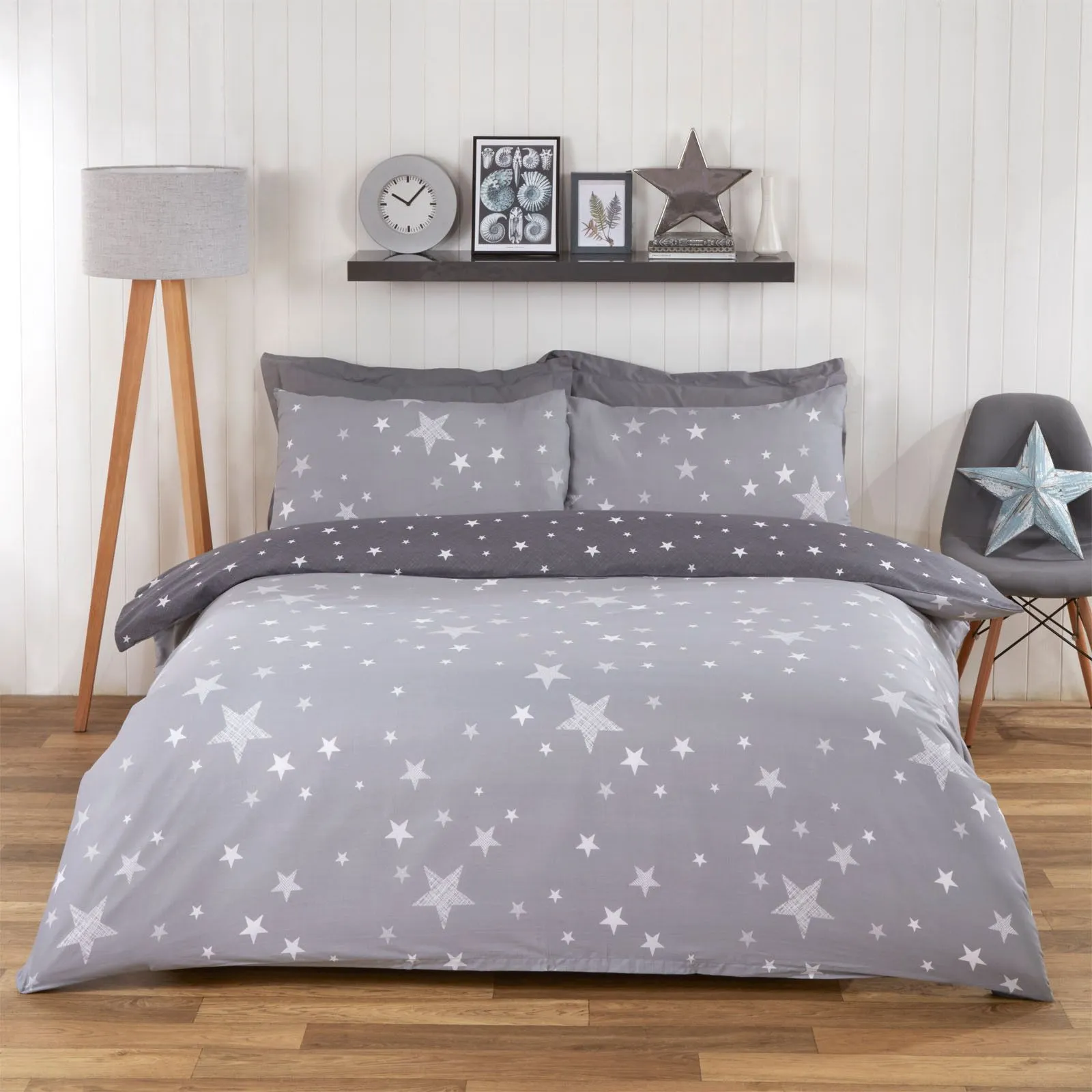 OHS Stars Duvet Cover with Pillowcase Bedding Set in Grey