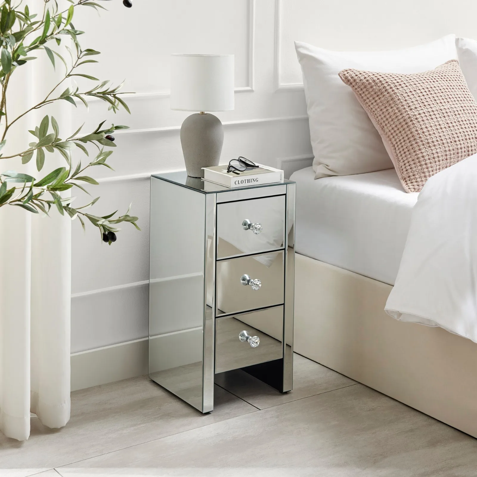 FurnitureboxUK Murano Slim 3 Drawer Mirrored Square bedside Table With Crystaline Shaped Handles in Silver
