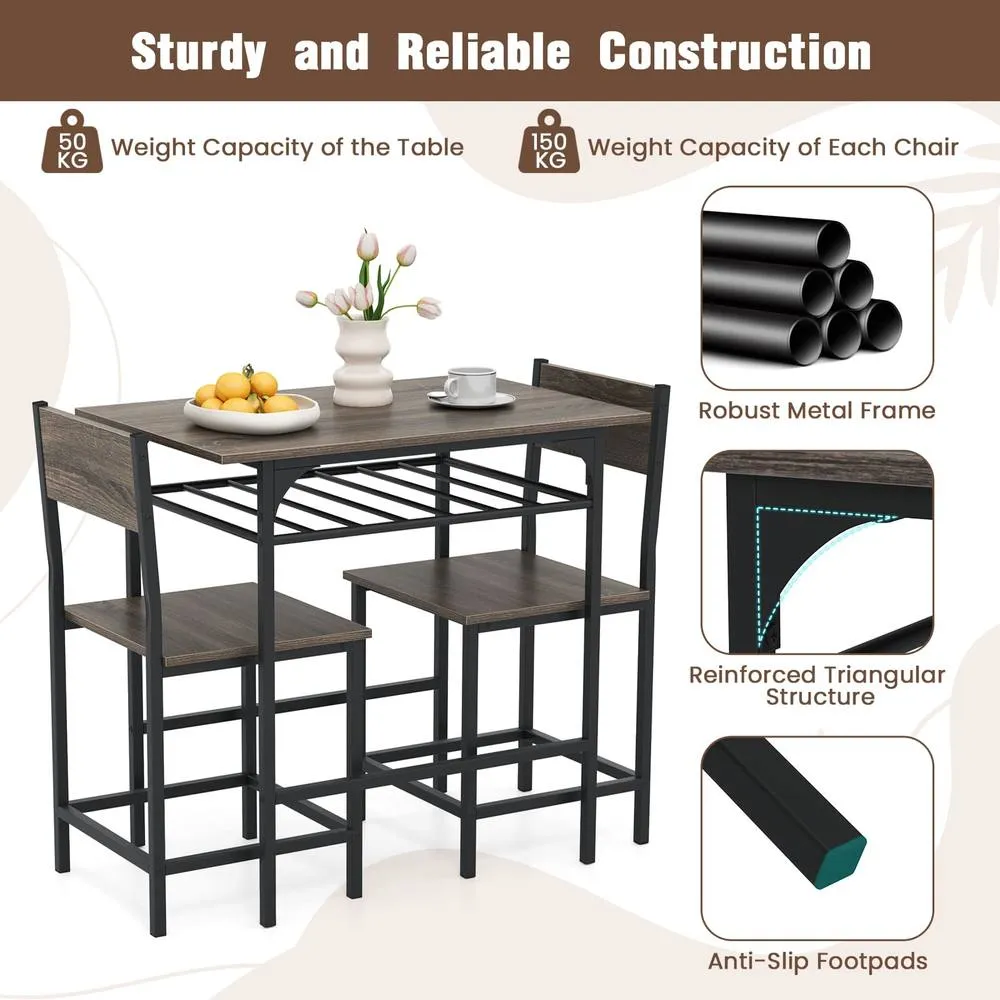Costway Dining Table Set for 2 3-Piece Wood Rectangular Table & Chair Set w/ Metal Frame in Grey 4