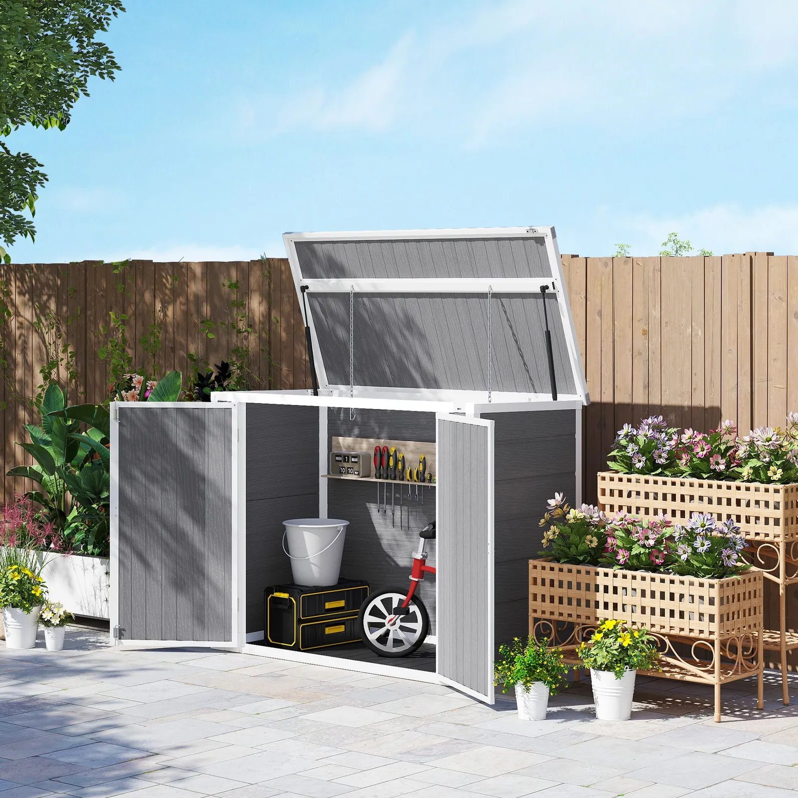 OUTSUNNY 4.7 x 2.5FT Lockable Garden Shed, Double Bin Storage Shed, Grey 4
