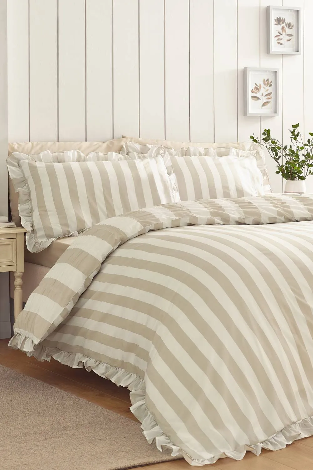 Catherine Lansfield 'Seersucker Frill Stripe' Duvet Cover Set in Natural 2