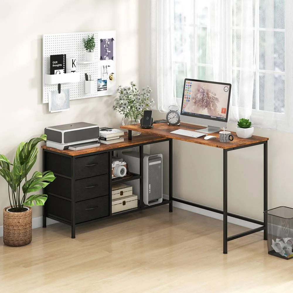 Costway L-Shaped Computer Desk Convertible Home Office Table with 3 Drawers in Brown 6