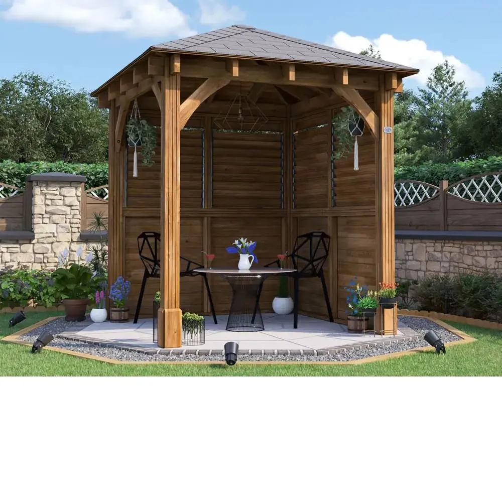 Dunster House Wooden Gazebo Kit 2.5x2.5m Louvre Wall Black Roof Shingles, Leviathan in Brown