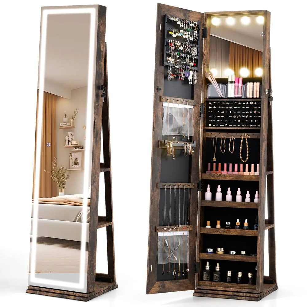 Costway 360° Swivel Jewelry Cabinet Freestanding Jewelry Storage Organizer in Brown 3