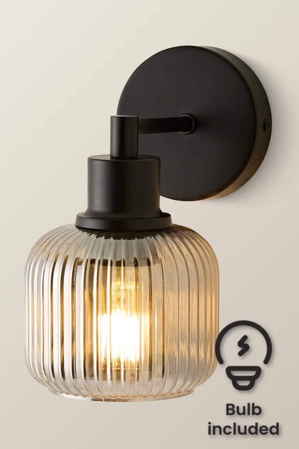 ValueLights Calpe Pair Ribbed Glass Semi Flush Metallic Arm Wall Light & Bulb in Black