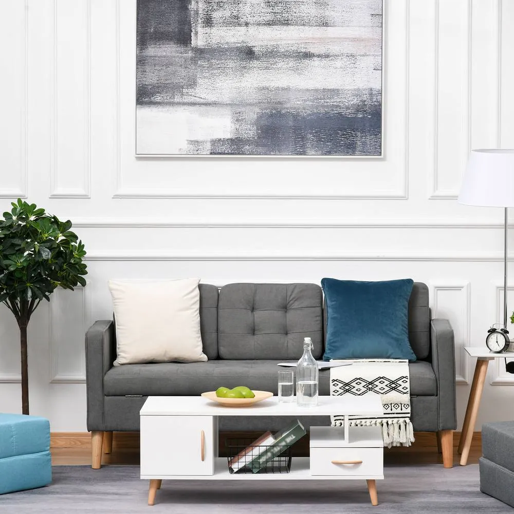 HOMCOM 3 Seater Sofa Button Tufted Fabric Couch Hidden Storage Rubberwood in Grey 2