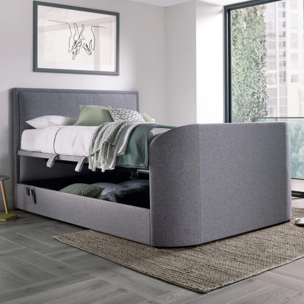 Griffin Light Grey Fabric Ottoman Media Electric TV Bed - 5ft King Size