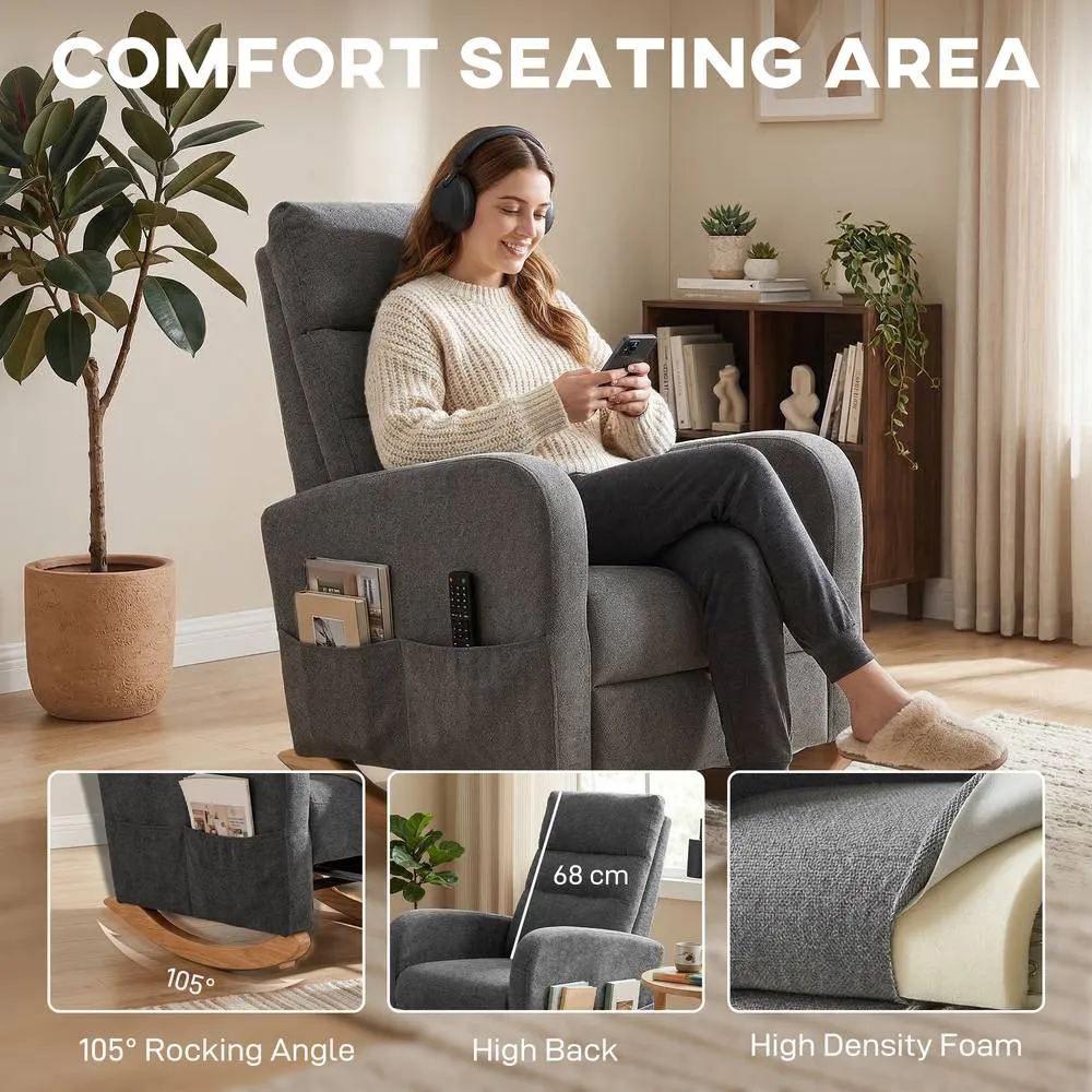 HOMCOM Upholstered Rocking Chair with Retractable Footrest Grey 5