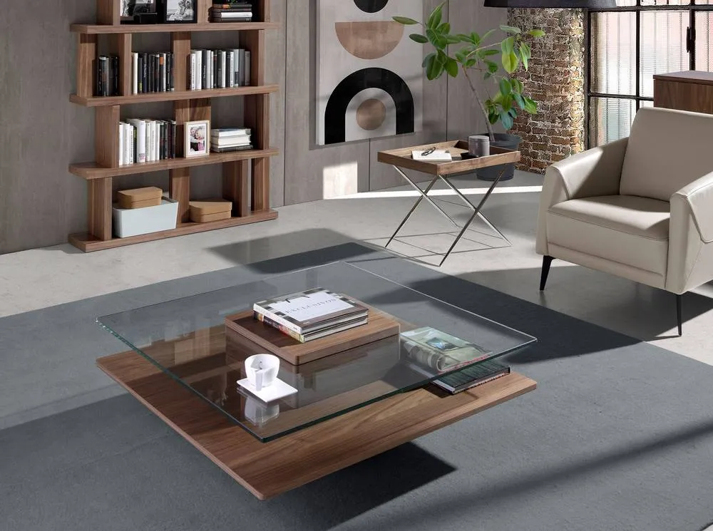 Angel Cerda Square Tempered Glass Coffee Table with Walnut Veneer in Brown 3