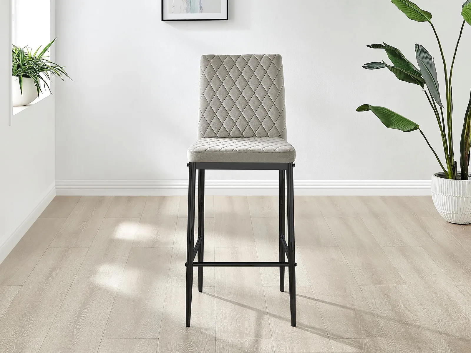 FurnitureboxUK Set of 2 Milan Soft Touch Hatched Velvet Padded Counter Stools With Black Metal Legs in Beige 3