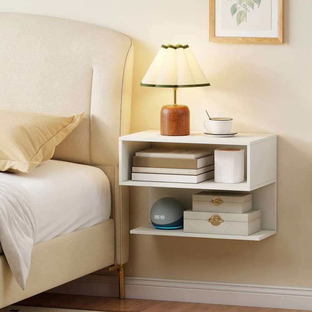 Costway Set of 2 Wall Mounted Bedside Tables Hanging Side Table in White 3