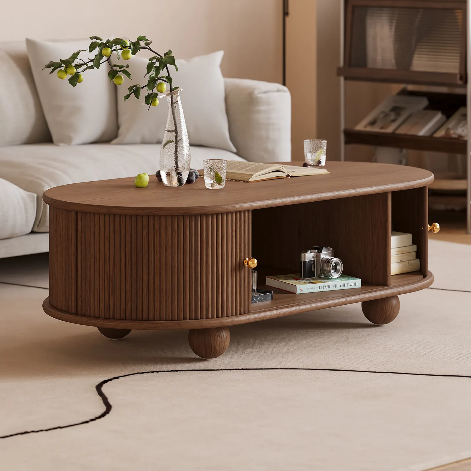 1100mm Tambour Door Solid Wood Coffee Table with Storage Oval Walnut Living Room Table