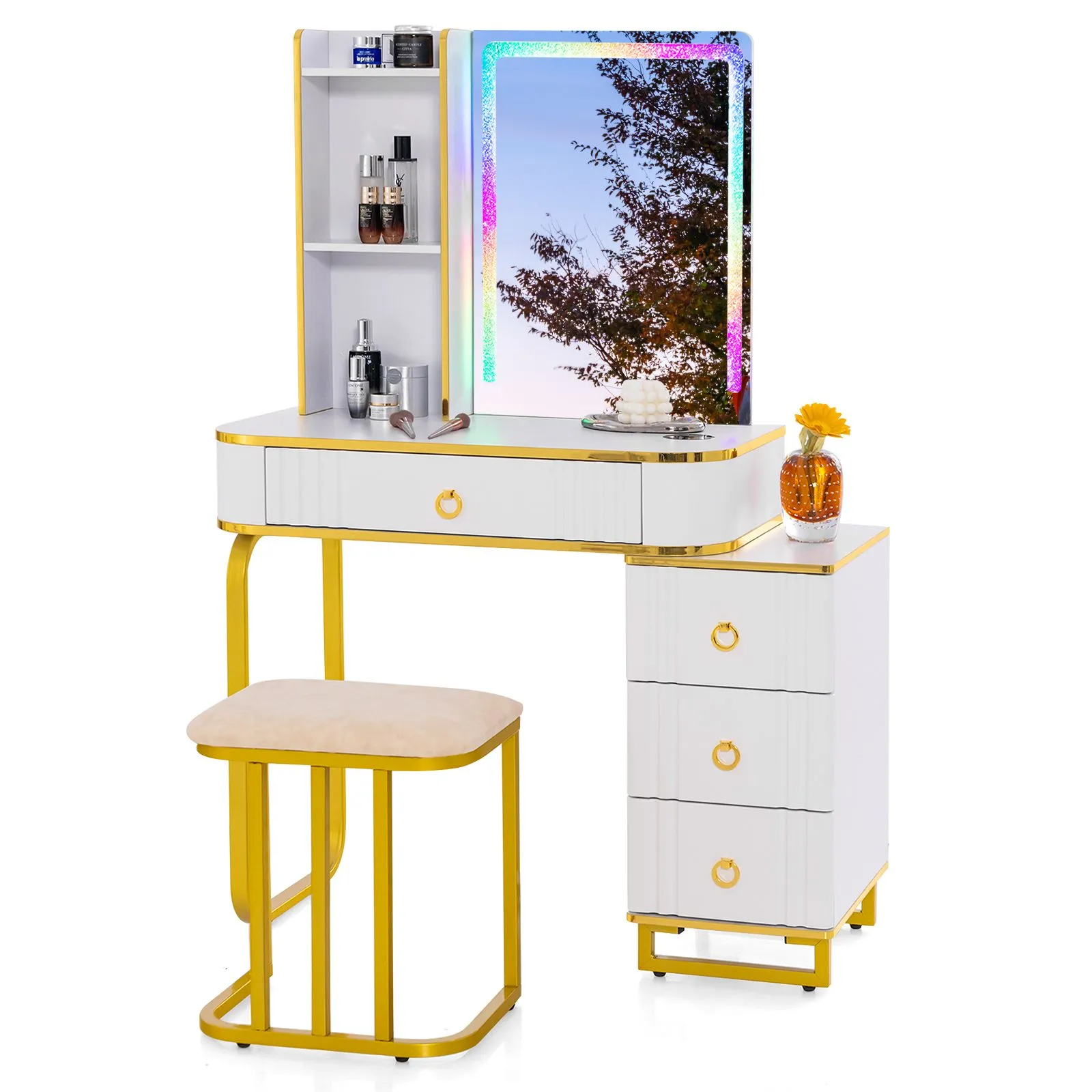 Costway RGB Vanity Table Set Bedroom Dressing Table w/ Mirror & Lights in White 2