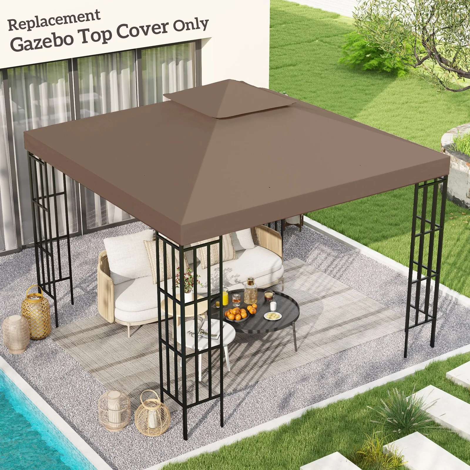 OUTSUNNY 3(m) 2 Tier Garden Gazebo Top Cover Replacement Canopy Roof in Bronze