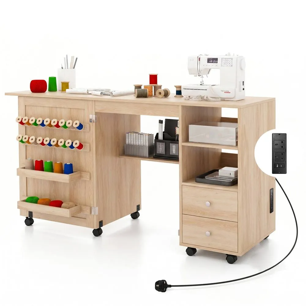 Costway Folding Sewing Table With Charging Station Sewing Machine Cart Table in Natural