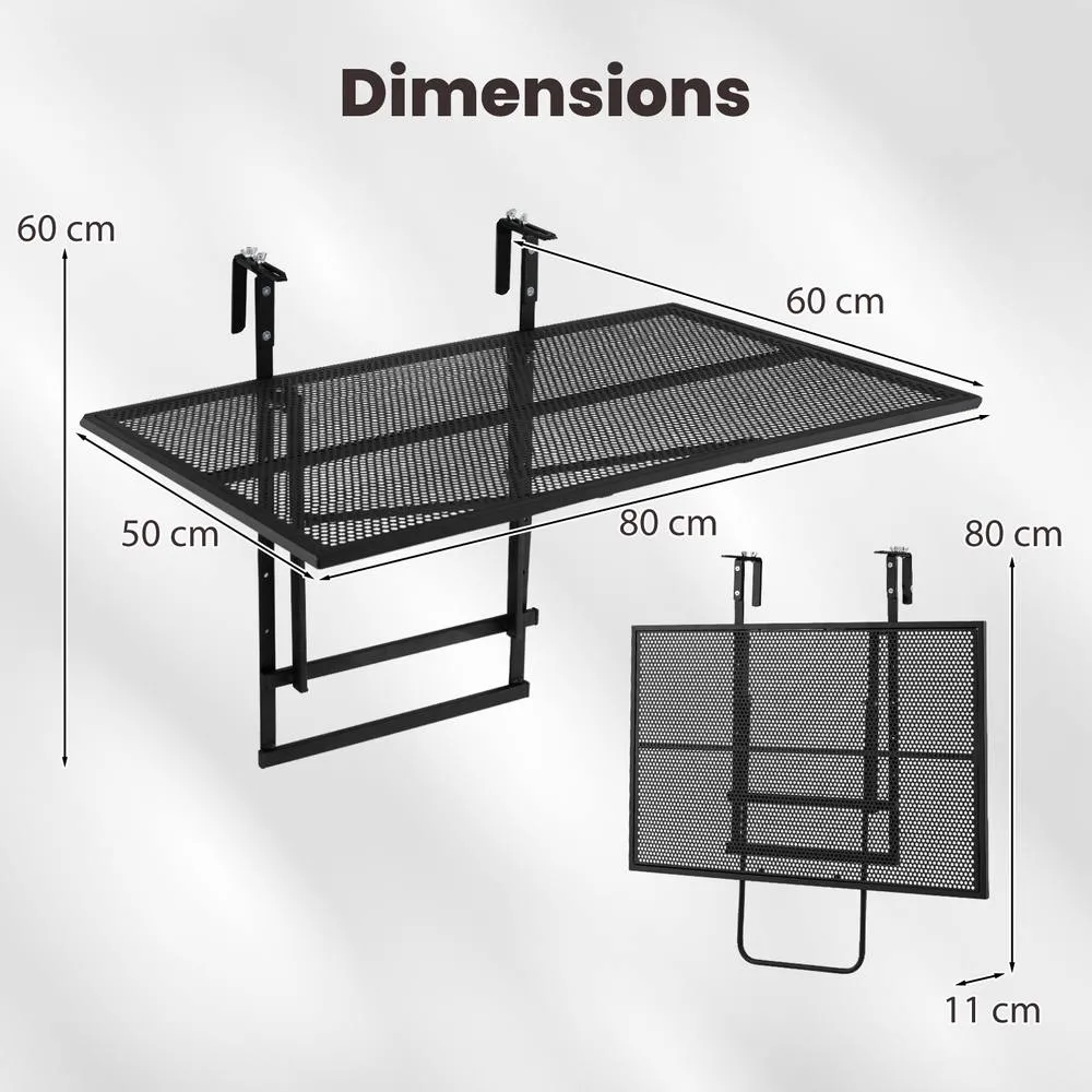 Costway Balcony Railing Table Metal Folding Bar Table w/ 5-Position Height in Black 2
