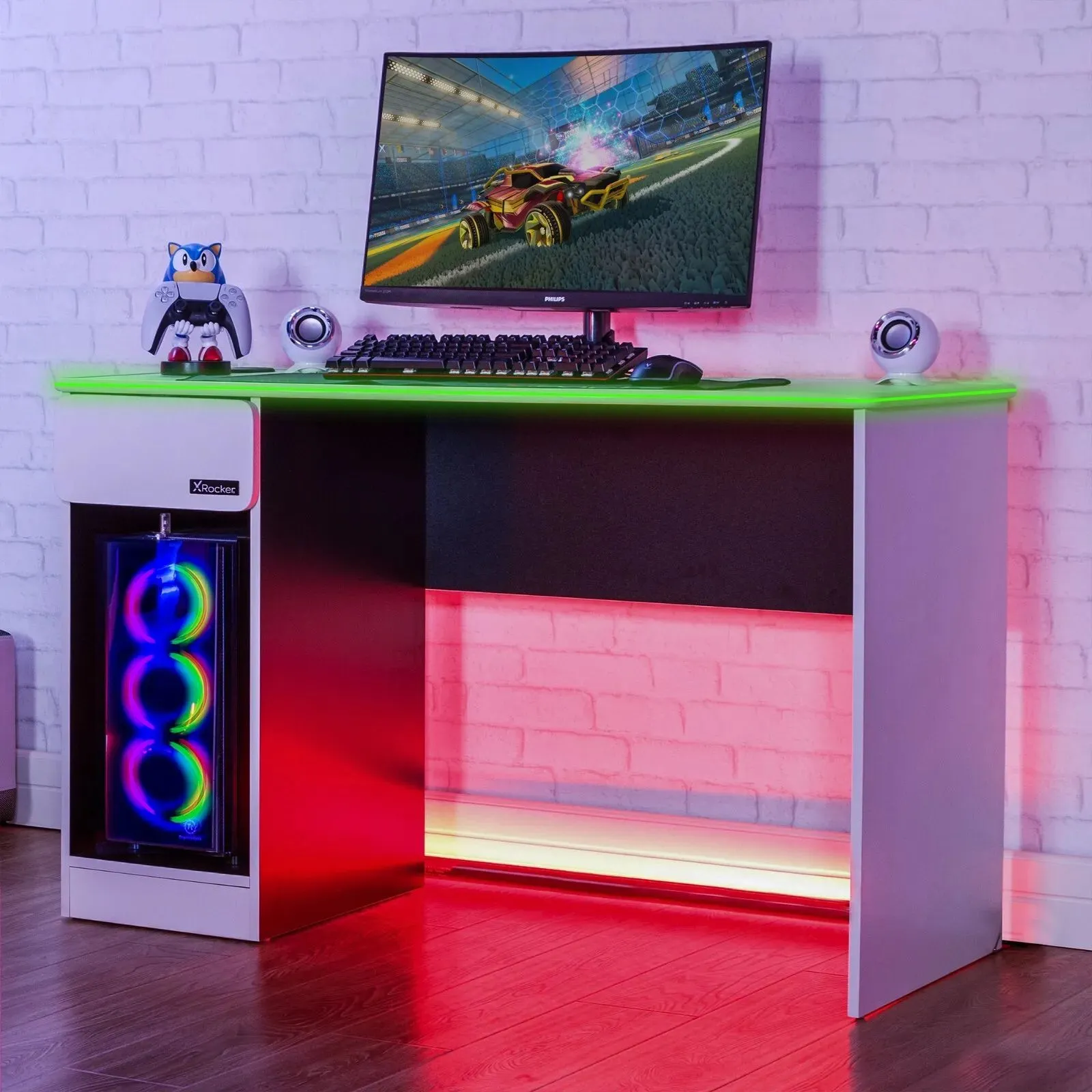 X Rocker Carbon-Tek 120cm LED Gaming Desk with Drawer & Charging in White 1