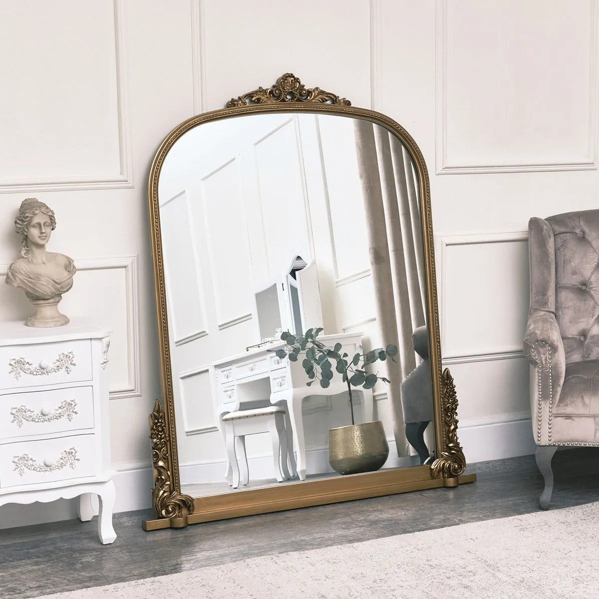 Melody Maison Extra Large Arch Antique Gold Ornate Overmantle Mirror - 1.52m X 1.28m 5