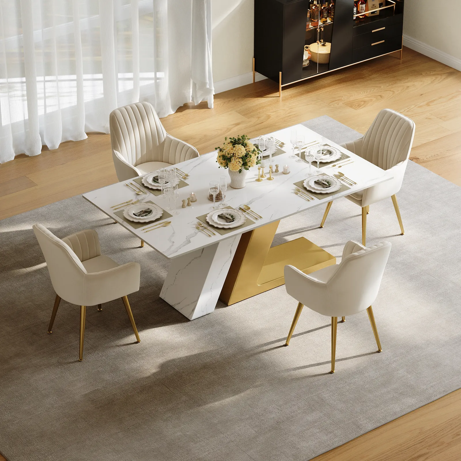 Dining Set 63" Modern Rectangle Sintered Stone Dining Table with 4 Chairs