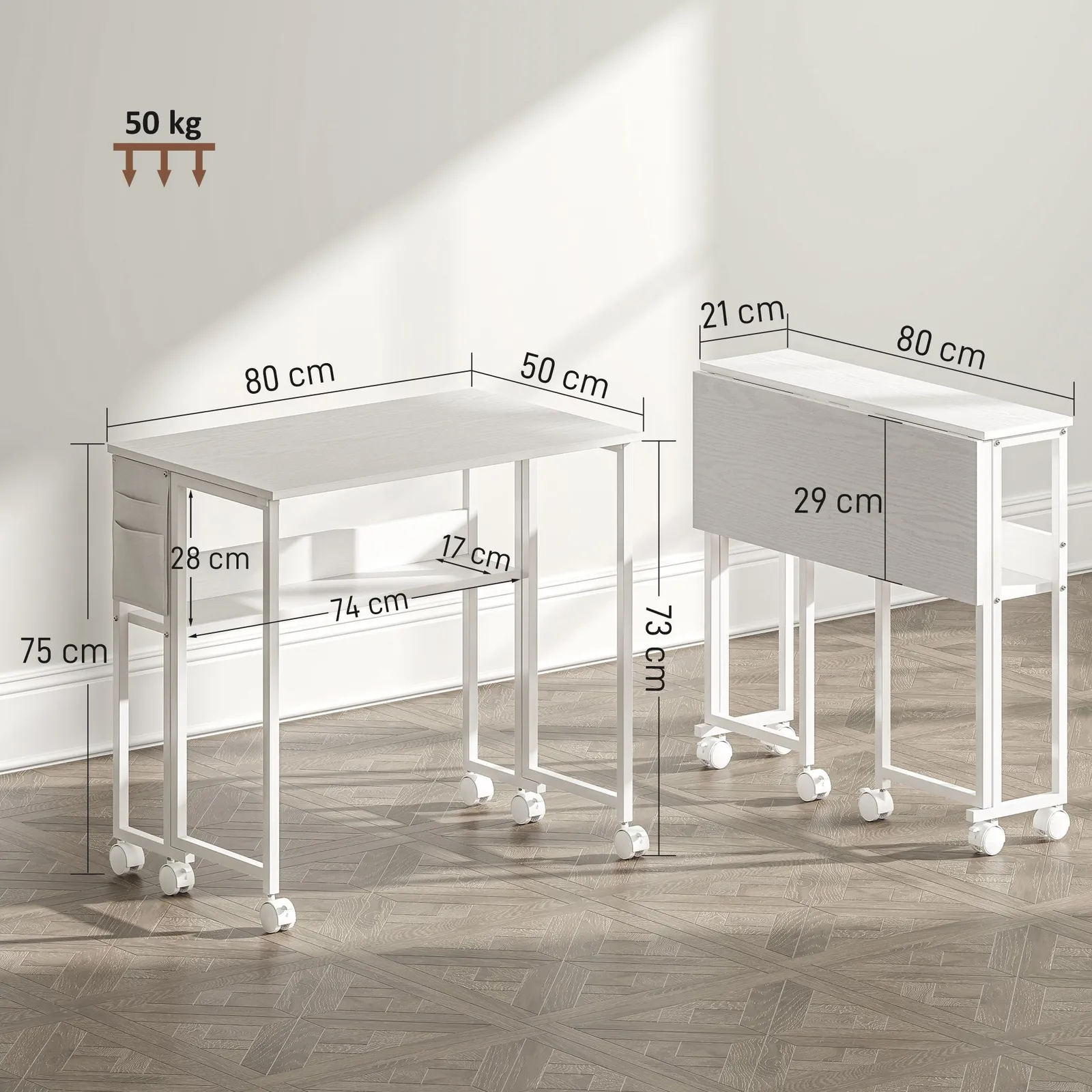 HOMCOM 80 cm Foldable Computer Desk on Wheels for Small Spaces White 3