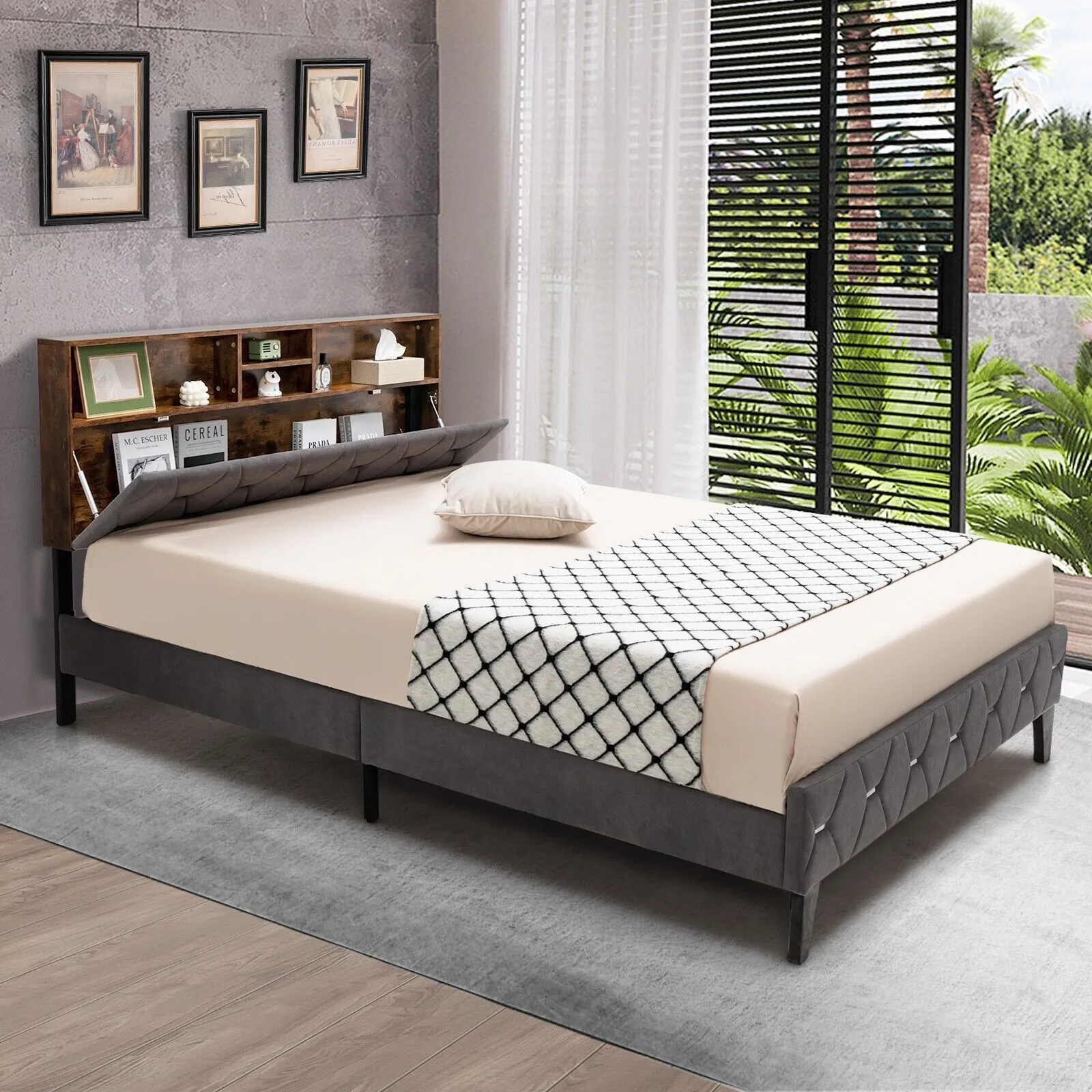 Costway Double Size Bed Frame Upholstered Platform Bed W/ Storage Headboard in Grey 3