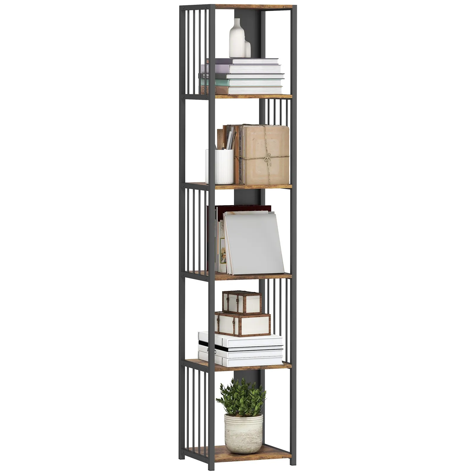HOMCOM 5-Tier Bookshelf, Freestanding Display Storage Unit, Rustic Brown 2