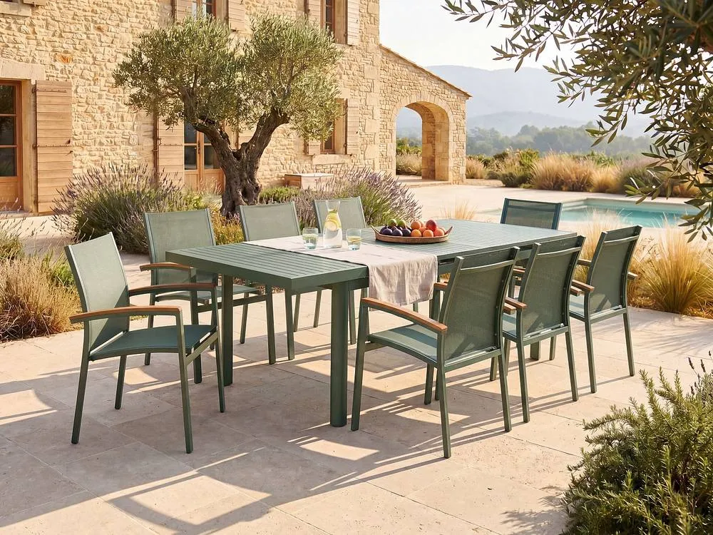 Vente-unique Aluminium Garden Dining Room : One Extendable Table 180/240Cm & 8 in Green 3